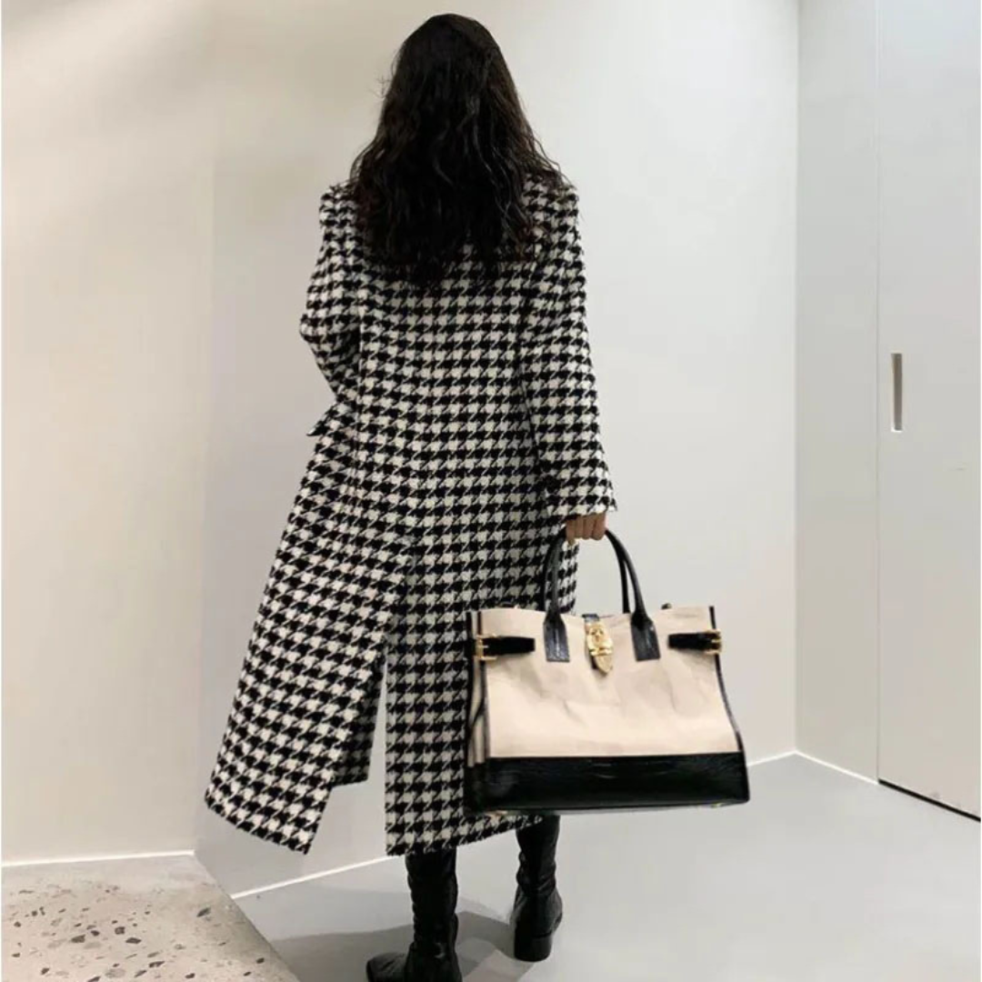 Elegant Houndstooth Long Coat for Women | Elegant Double-Breasted Winter Overcoat