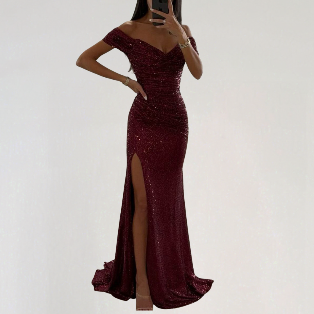Off Shoulder Evening Sequin Maxi Dress