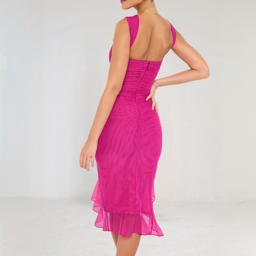 Elegant Ruched Ruffle Midi Dress