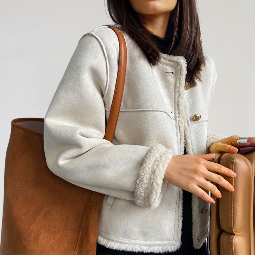 Women’s Faux Suede Shearling Jacket | Warm Winter Sherpa Coat with Button Closure