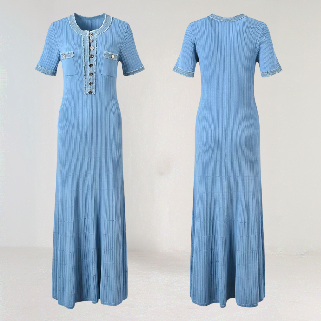 Chic Ribbed Maxi Dress with Denim Trim