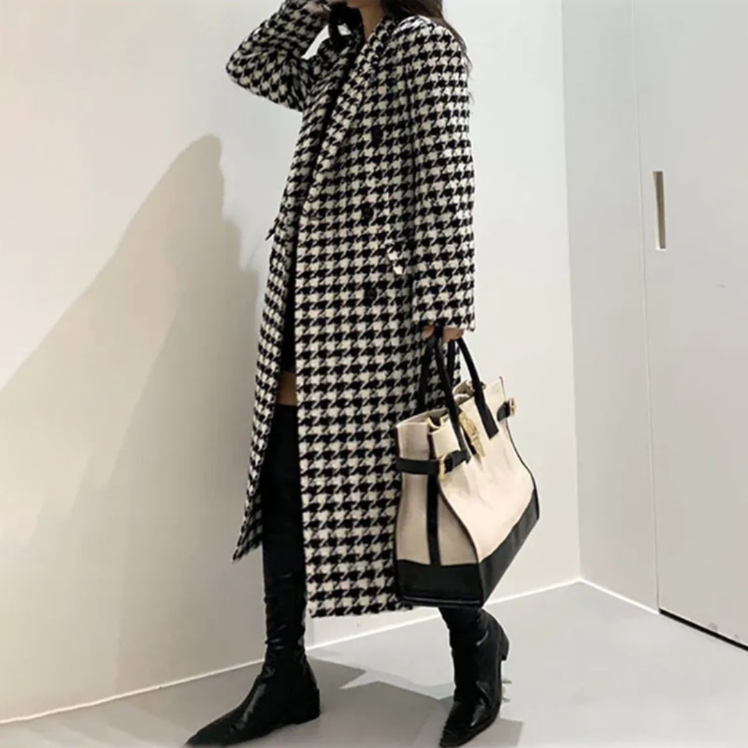 Elegant Houndstooth Long Coat for Women | Elegant Double-Breasted Winter Overcoat