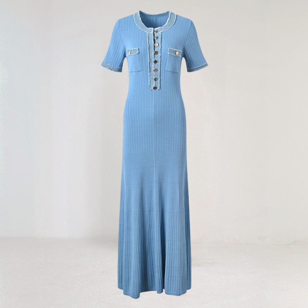 Chic Ribbed Maxi Dress with Denim Trim