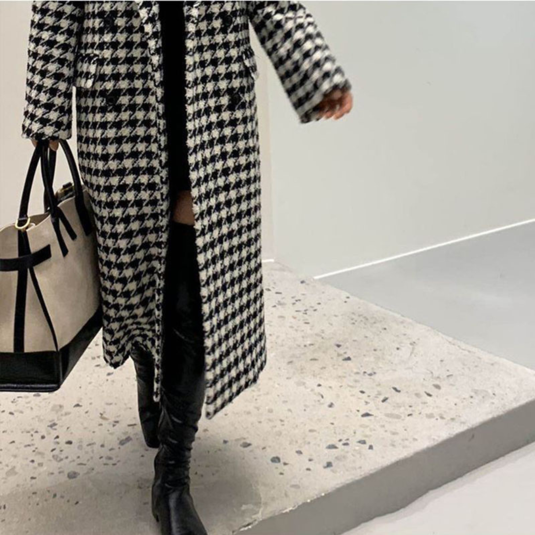 Elegant Houndstooth Long Coat for Women | Elegant Double-Breasted Winter Overcoat