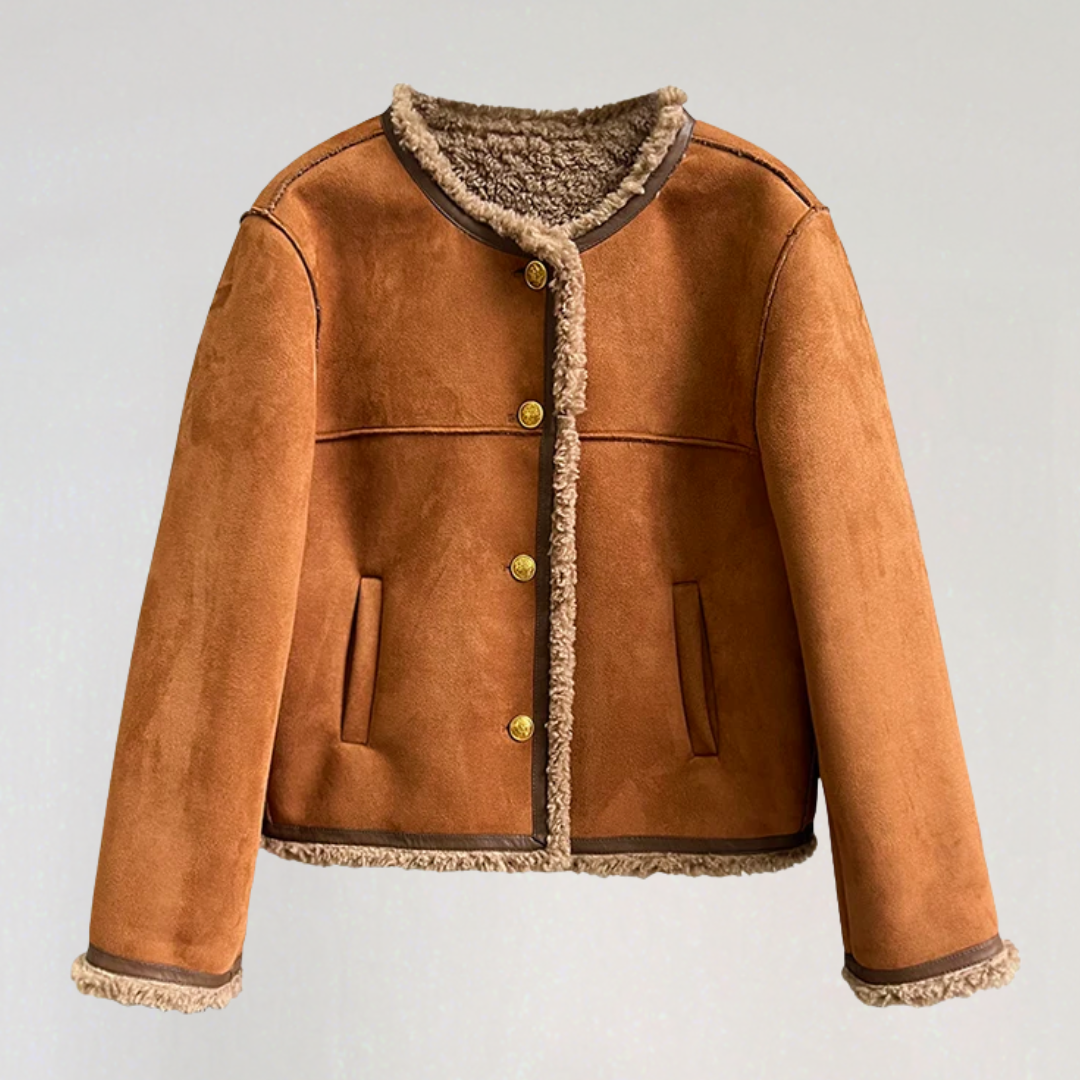 Women’s Faux Suede Shearling Jacket | Warm Winter Sherpa Coat with Button Closure