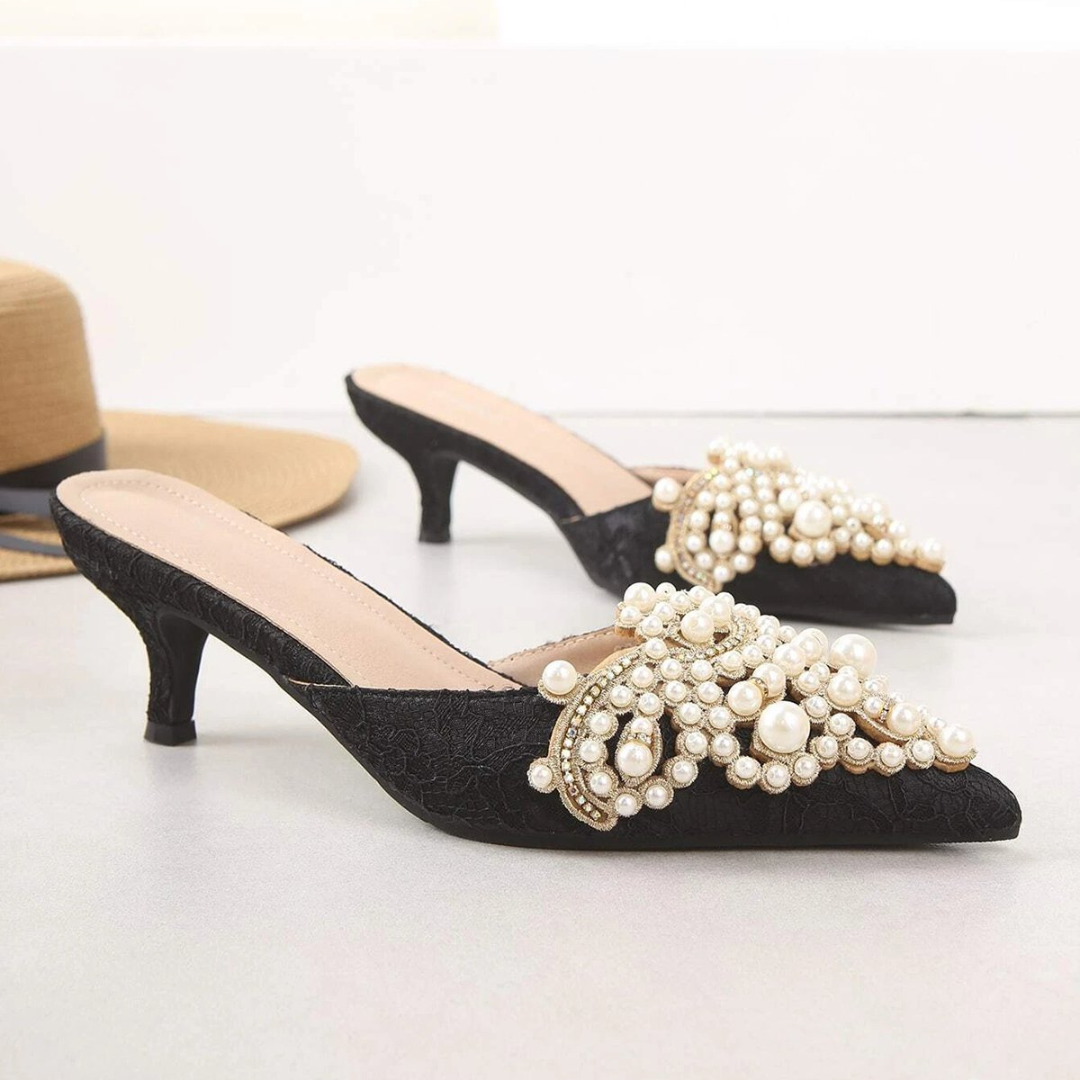 Pearl Embellished Pointed Toe Mules | Elegant Slip-On Heels for Parties & Weddings