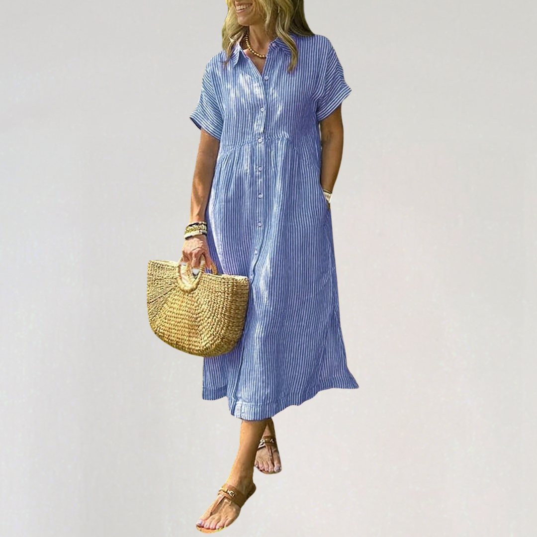 Casual Striped Midi Dress with Pockets
