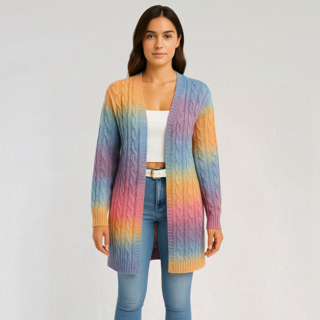 Pastel Rainbow Gradient Cable-Knit Cardigan