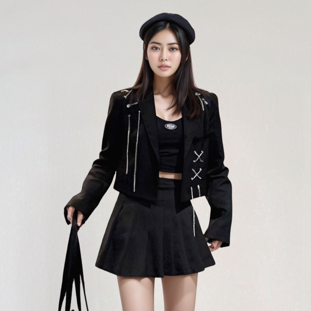 Black Cropped Blazer With Chains