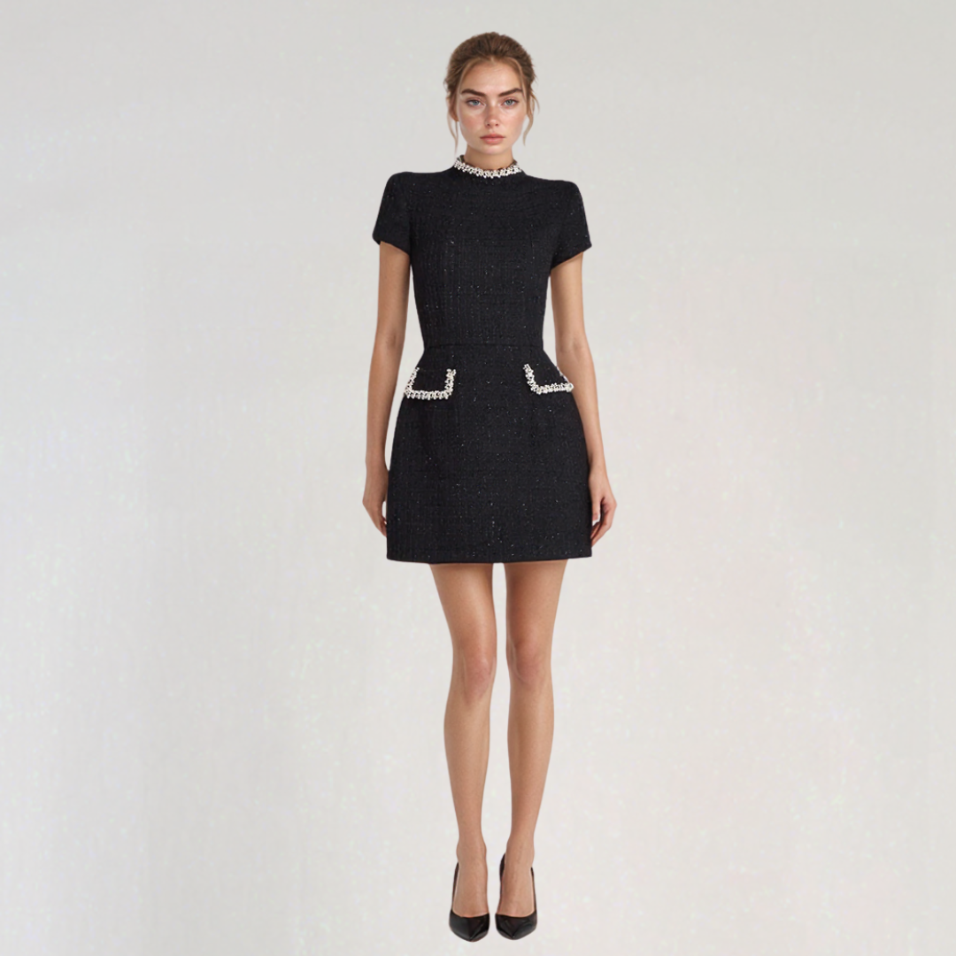 Elegant Short Sleeve Mini Dress with Embellished Pockets