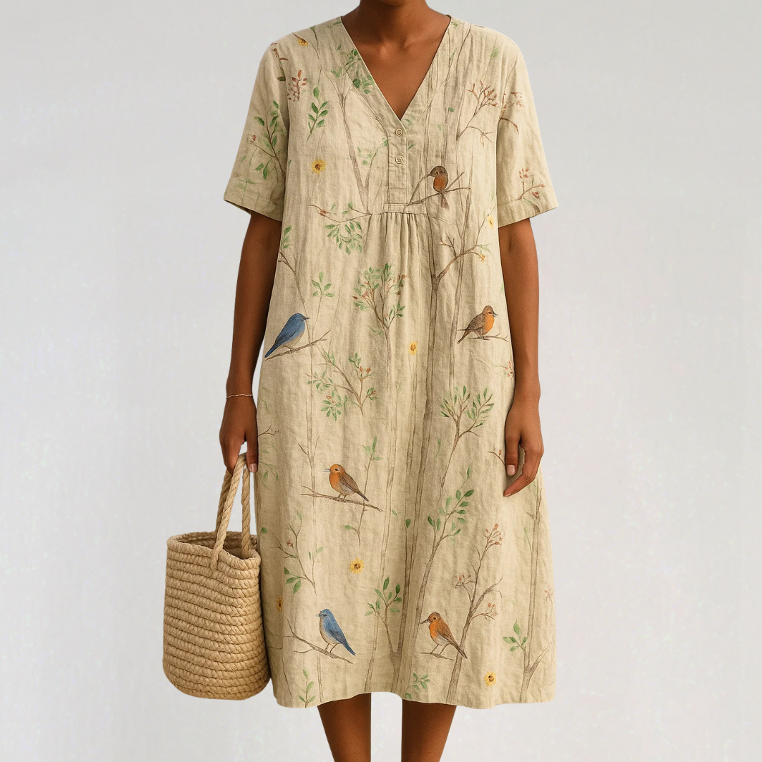 Velniq | Cotton-Linen Midi Dress | Relaxed Fit with Nature Print | Women