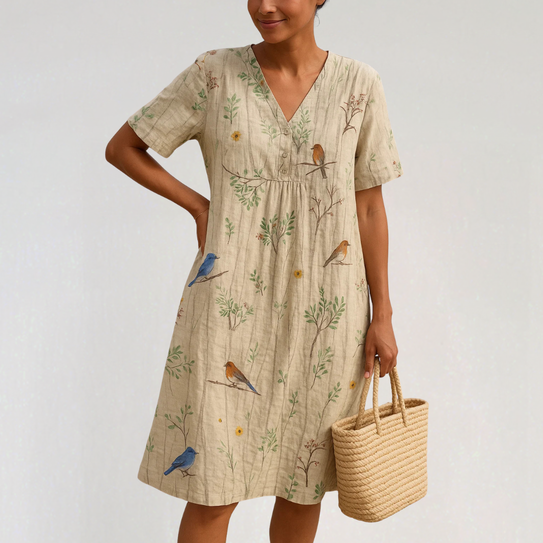 Velniq | Cotton-Linen Midi Dress | Relaxed Fit with Nature Print | Women