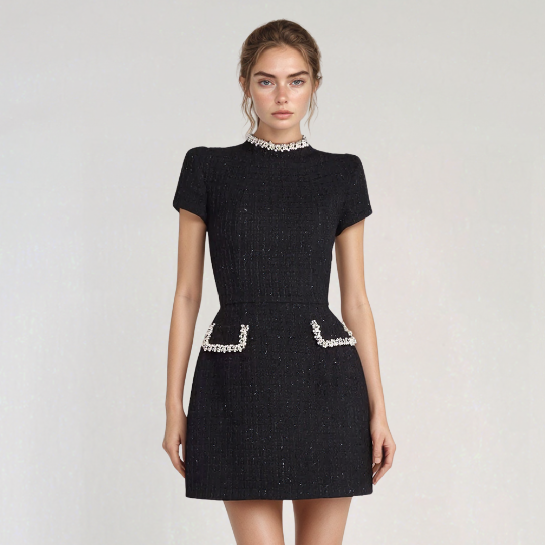 Elegant Short Sleeve Mini Dress with Embellished Pockets