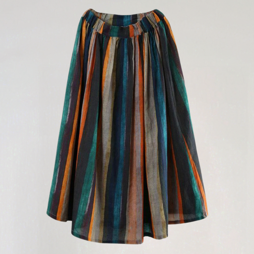 Striped A-Line Retro Print Linen Skirt