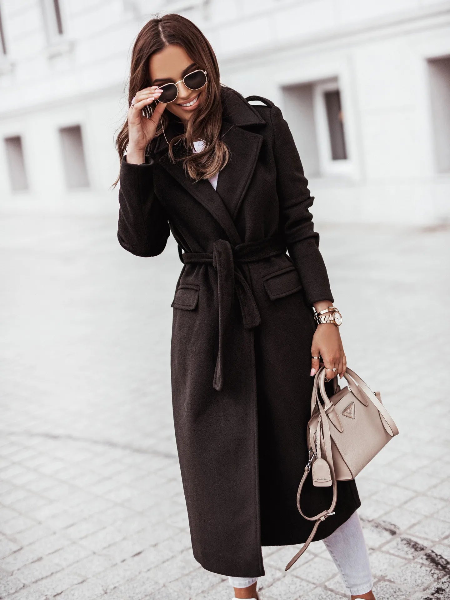 Wool Belted Long Coat for Women
