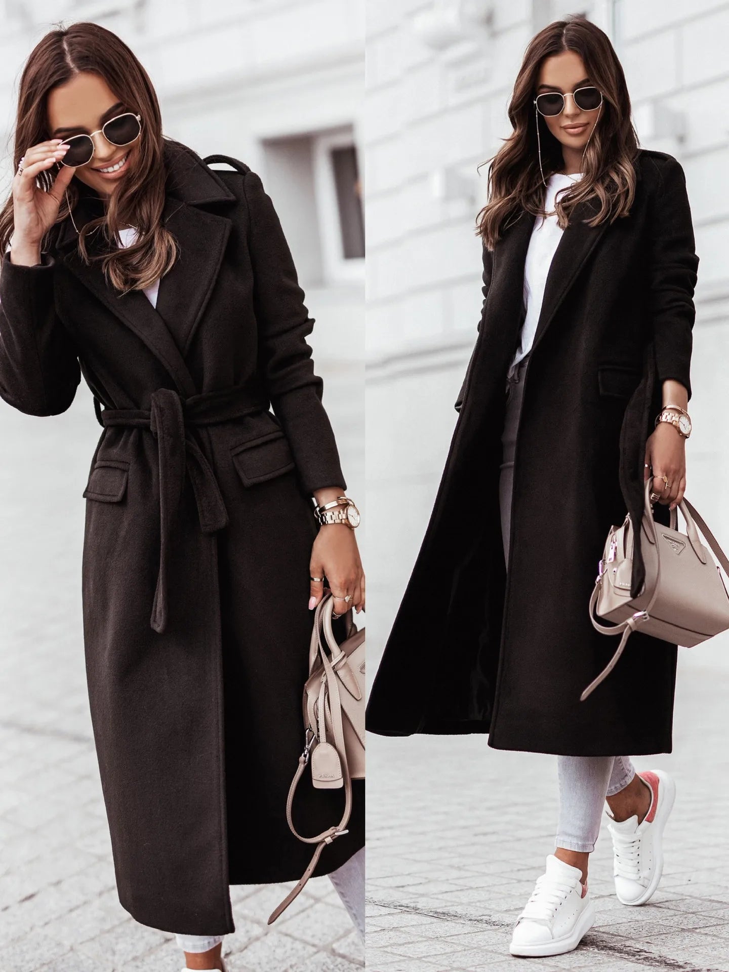 Wool Belted Long Coat for Women