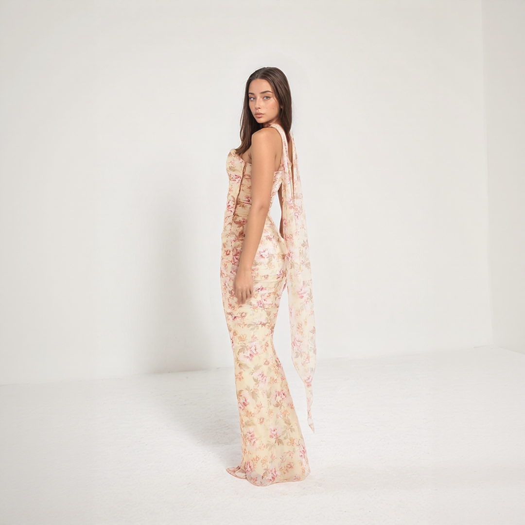 Floral Two Piece Maxi Dress with Scarf Neck