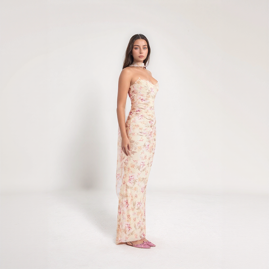 Floral Two Piece Maxi Dress with Scarf Neck