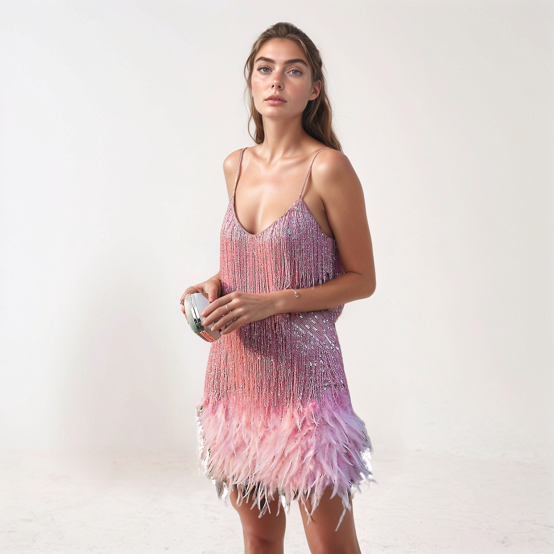 Sequin Feather Fringe Mini Dress