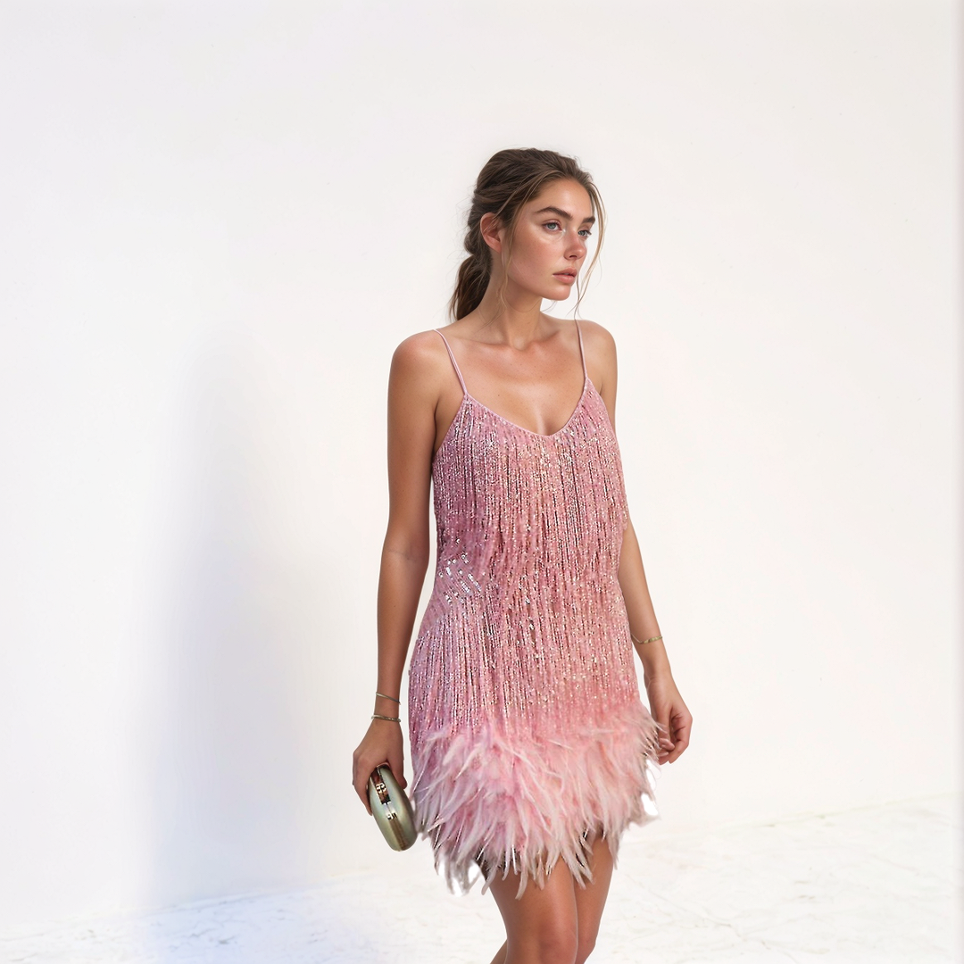 Sequin Feather Fringe Mini Dress