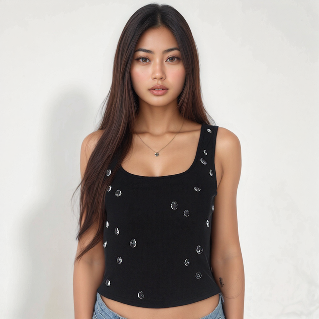 Rhinestone Studded Ribbed Tank Top
