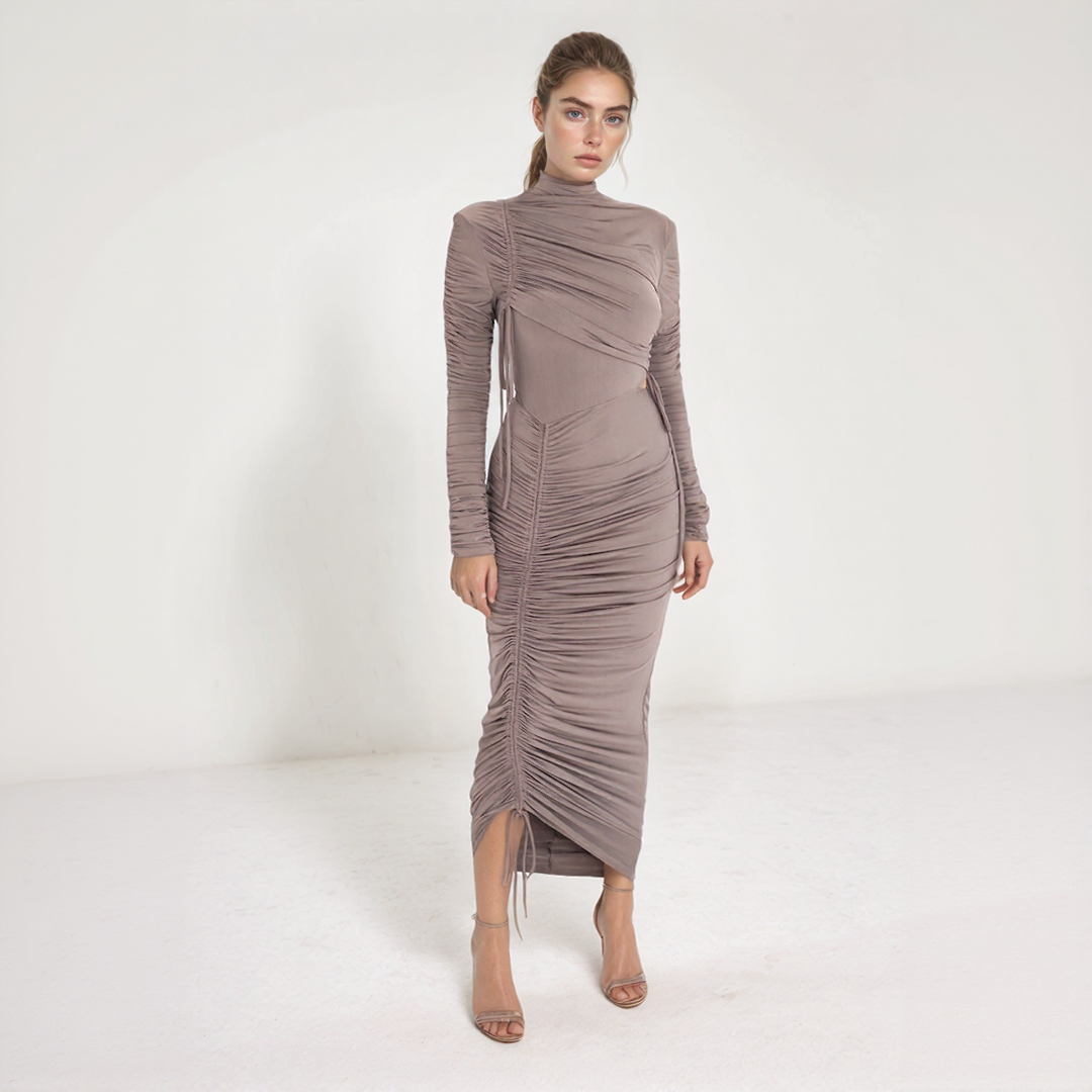 Ruched Bodycon Long Sleeve Midi Dress