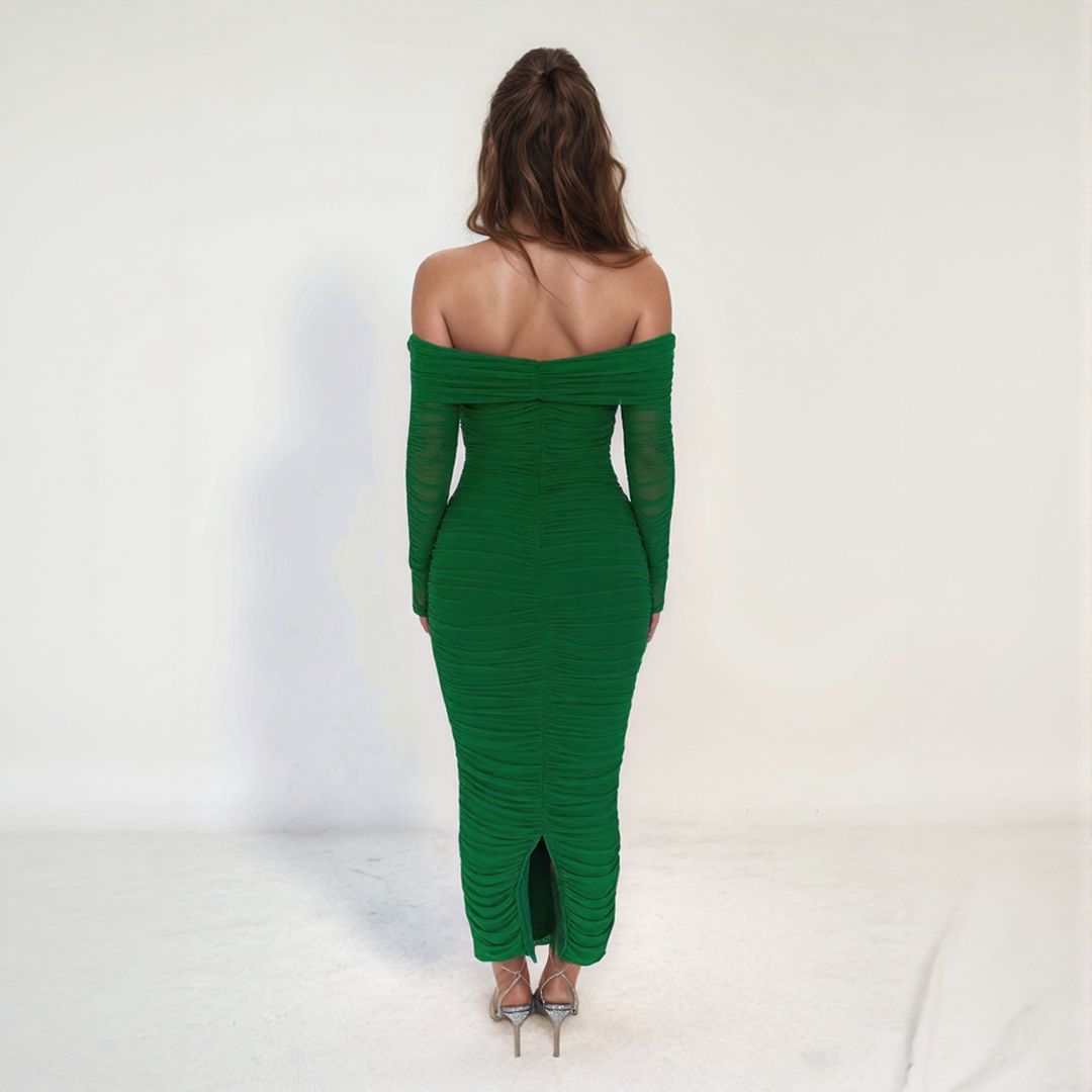 Mesh Off Shoulder Ruched Bodycon Midi Dress