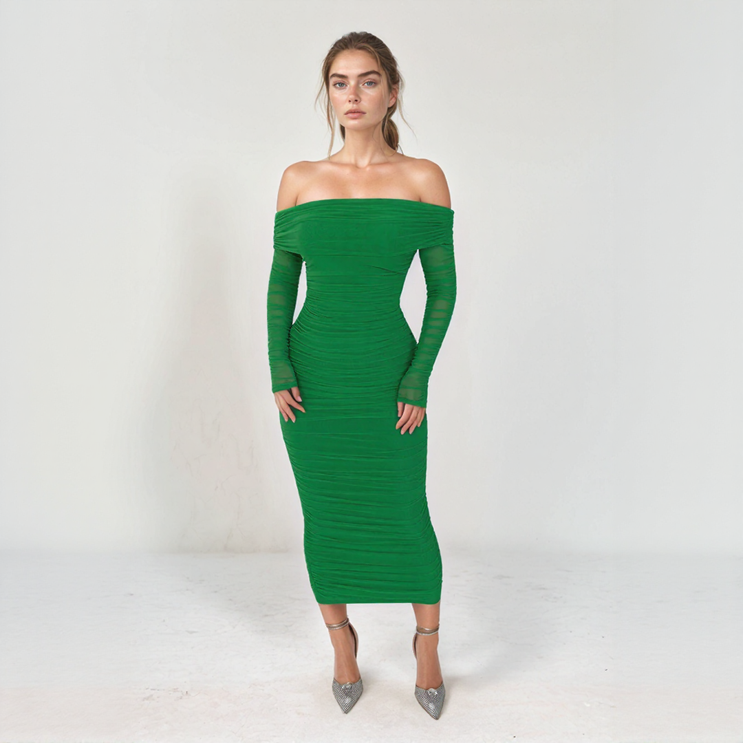 Mesh Off Shoulder Ruched Bodycon Midi Dress