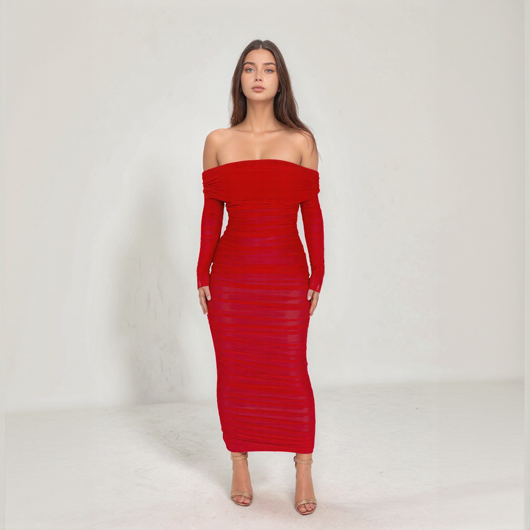 Mesh Off Shoulder Ruched Bodycon Midi Dress