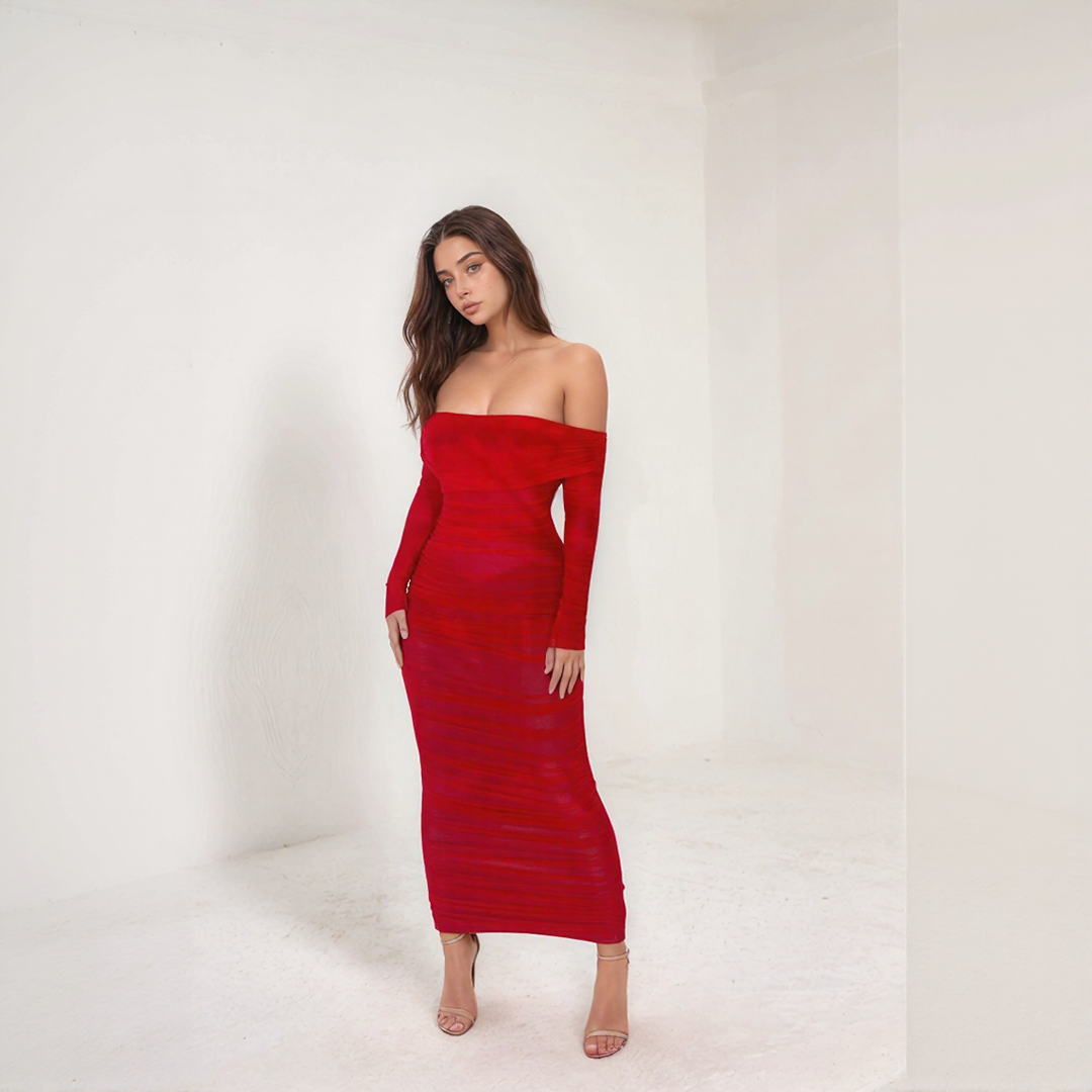 Mesh Off Shoulder Ruched Bodycon Midi Dress