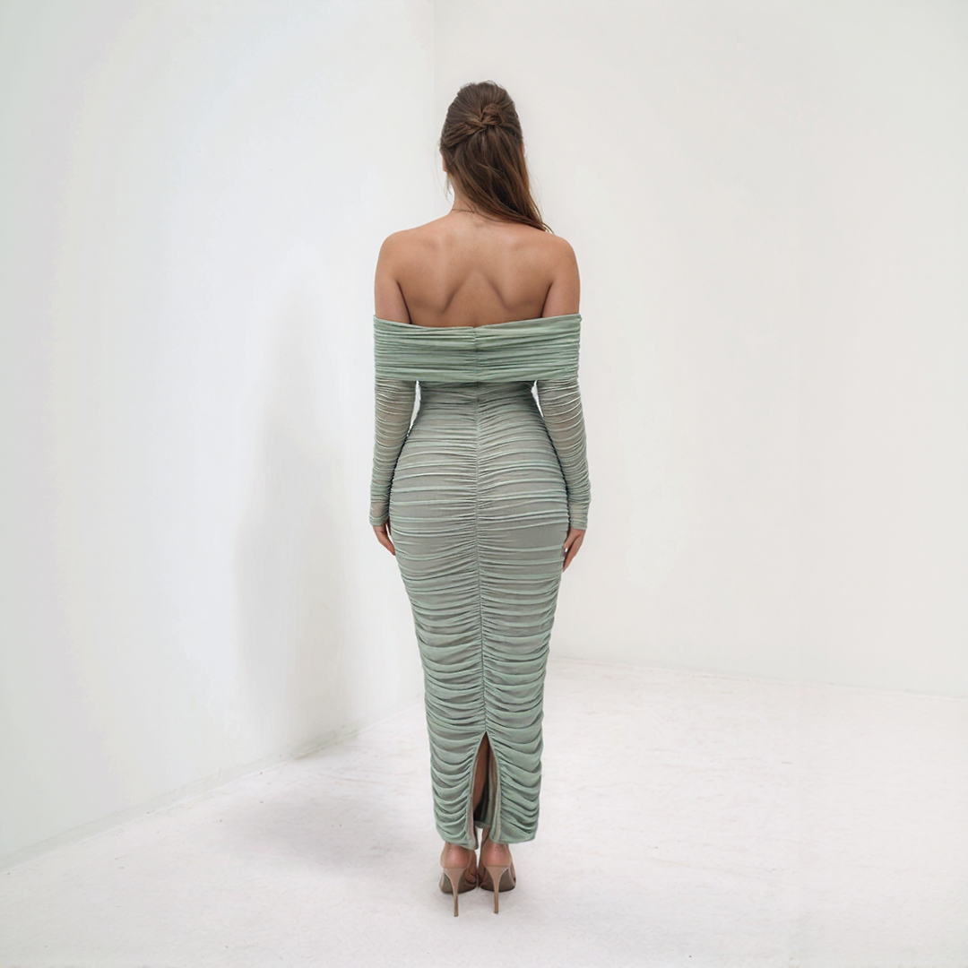 Mesh Off Shoulder Ruched Bodycon Midi Dress