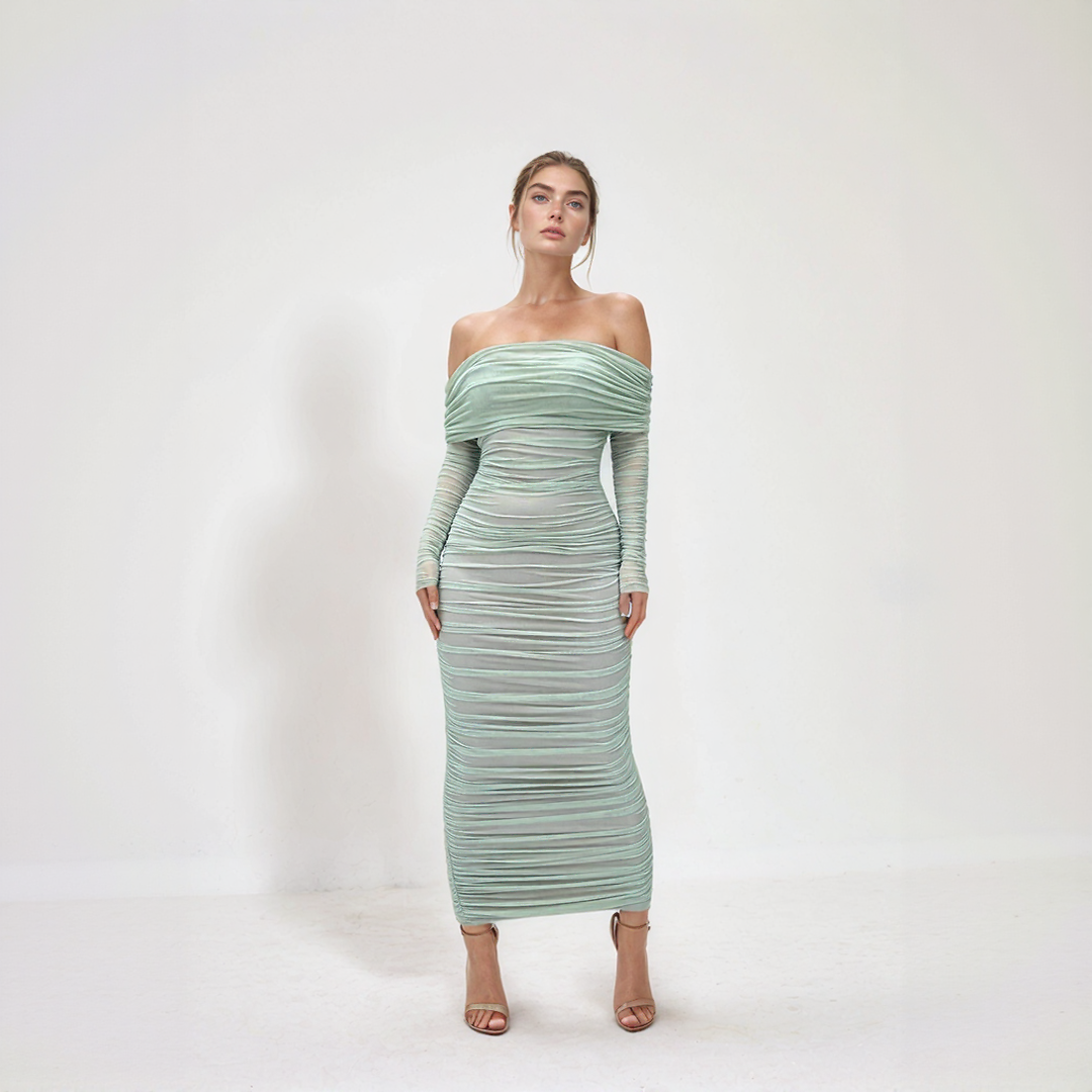 Mesh Off Shoulder Ruched Bodycon Midi Dress