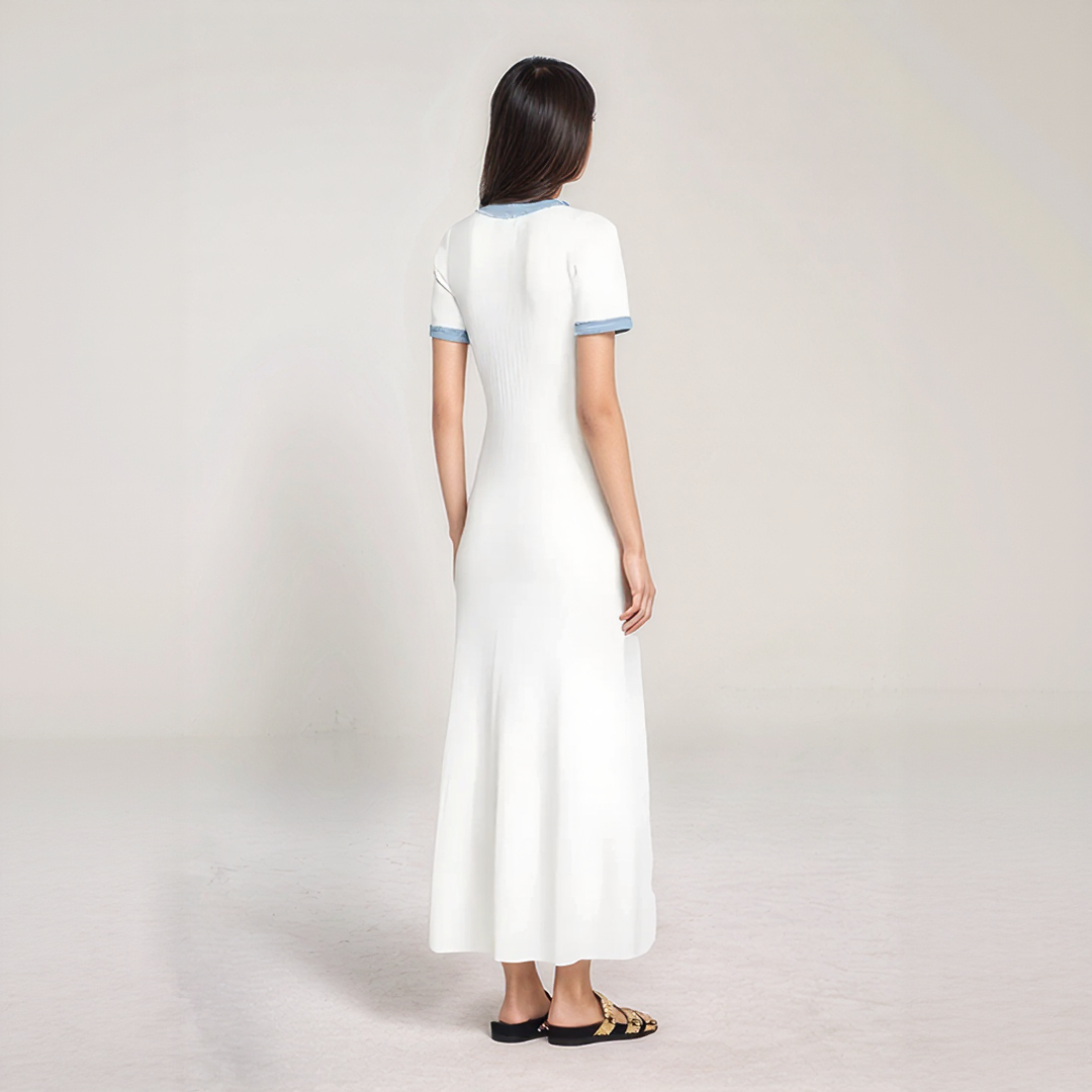 Chic Ribbed Maxi Dress with Denim Trim