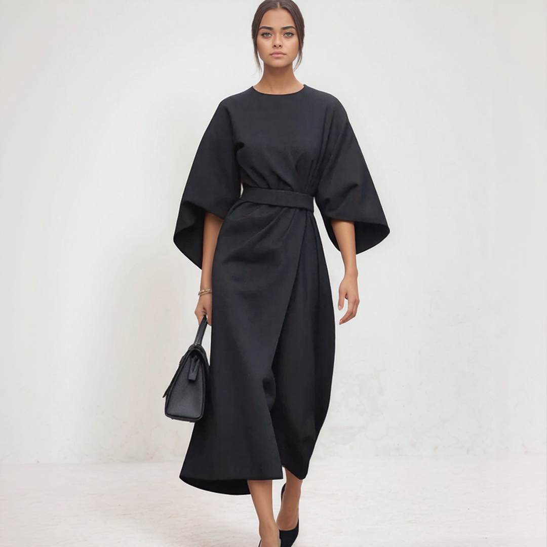 Midi Dress with Lantern Sleeves & Belt
