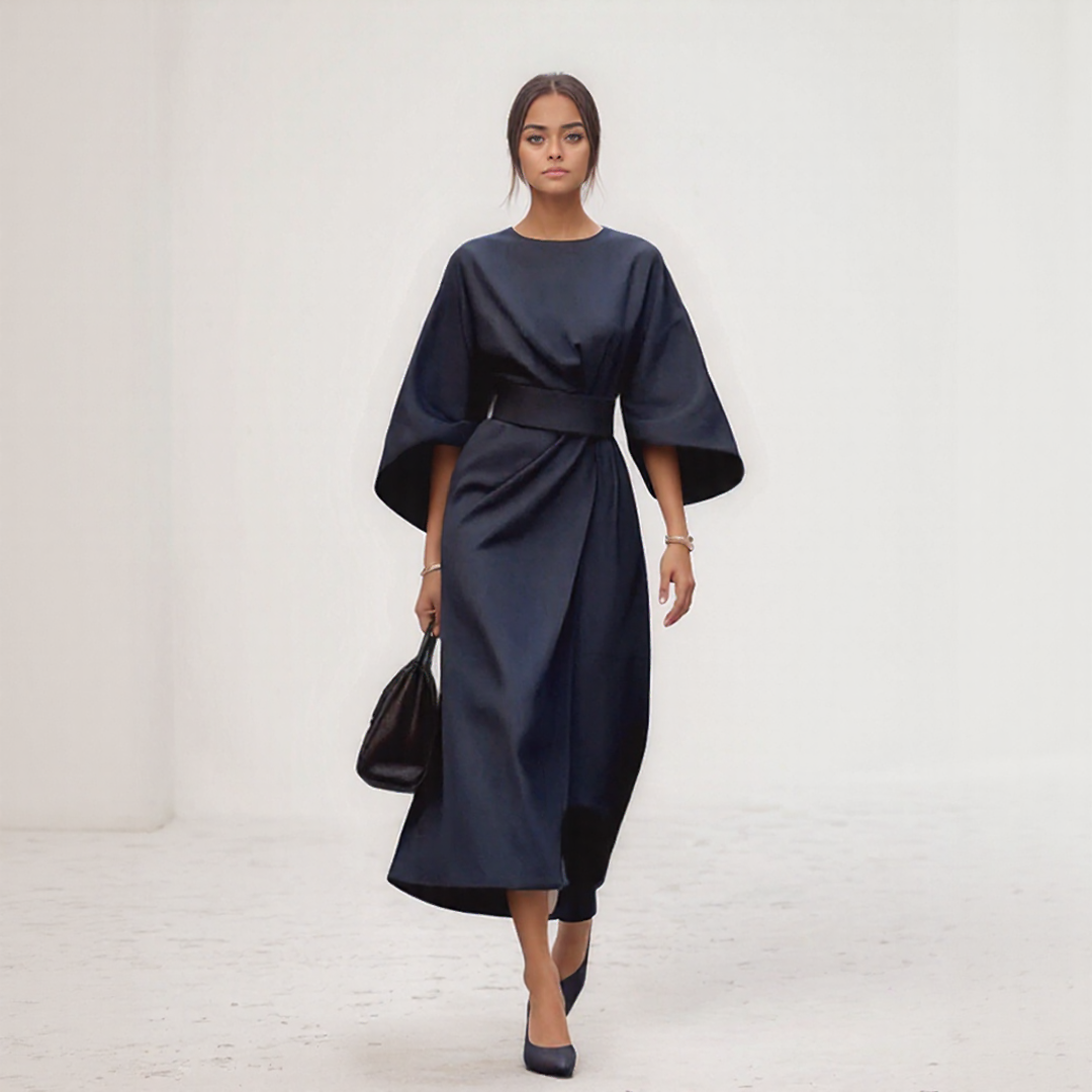 Midi Dress with Lantern Sleeves & Belt