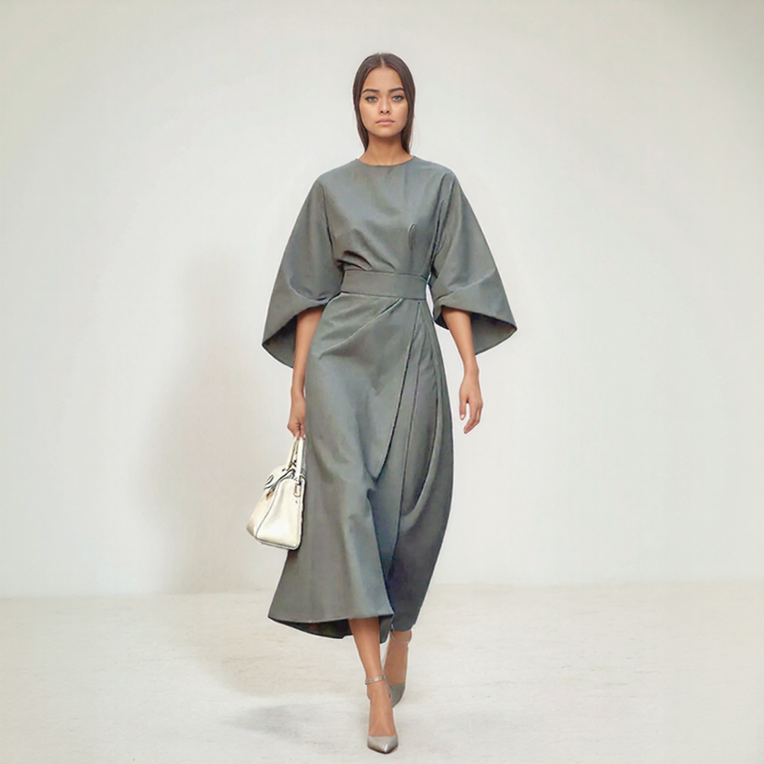 Midi Dress with Lantern Sleeves & Belt