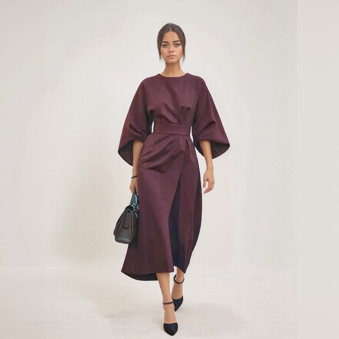 Midi Dress with Lantern Sleeves & Belt