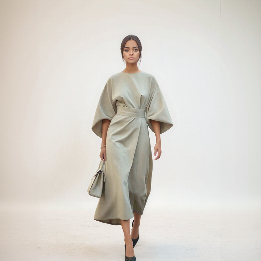 Midi Dress with Lantern Sleeves & Belt