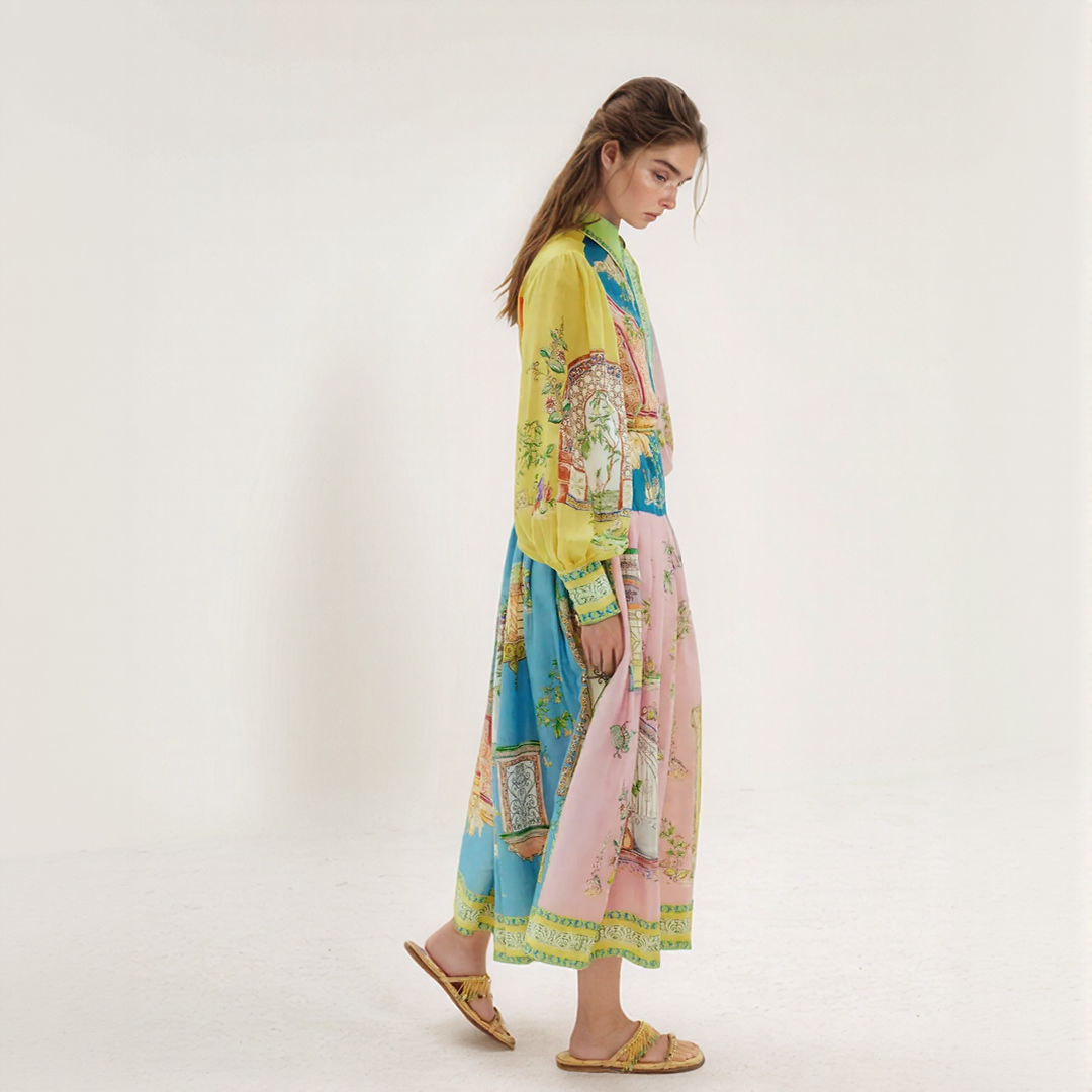 Charming Garden Print Button-Down Midi Dress