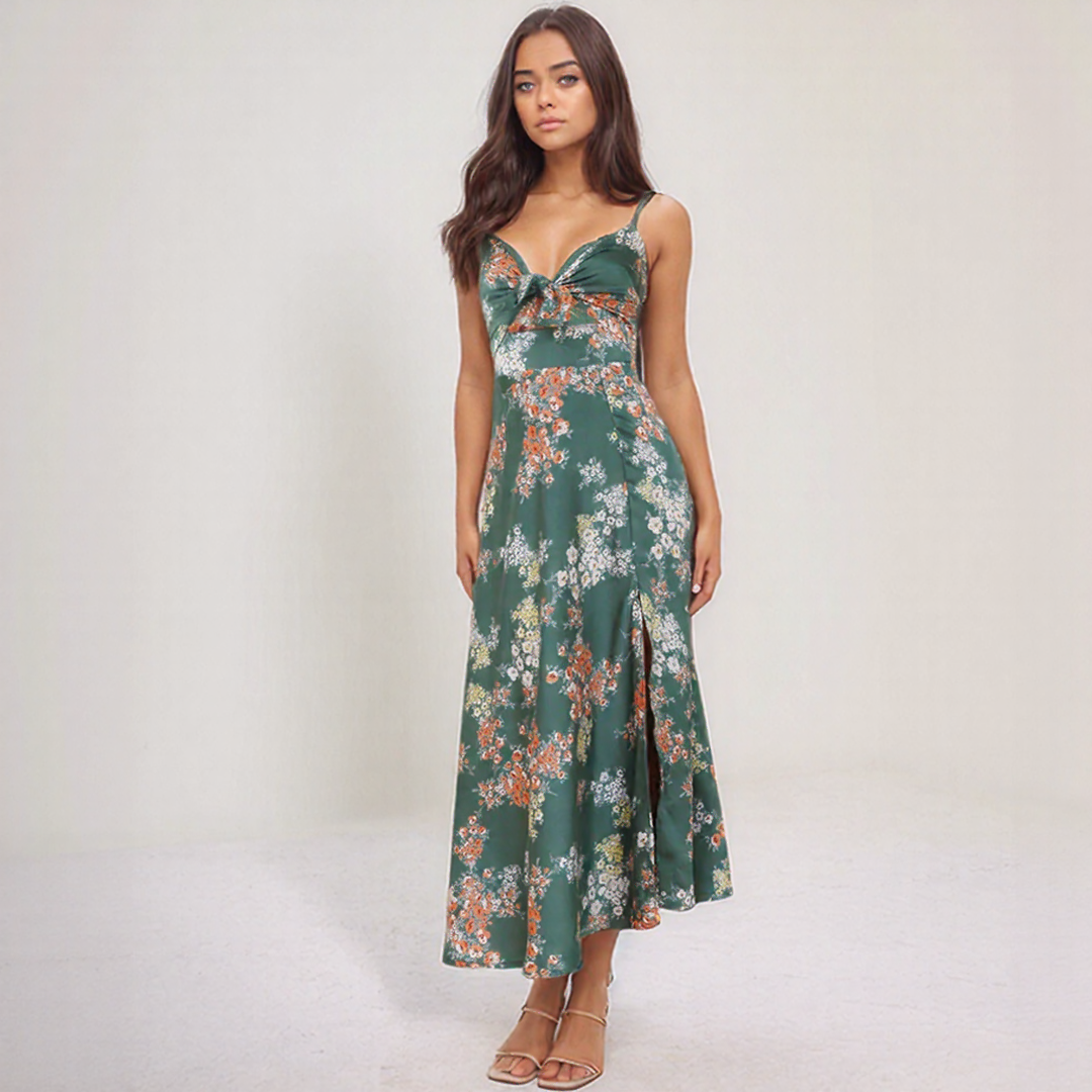 Floral Tie Front Summer Midi Dress with Slit