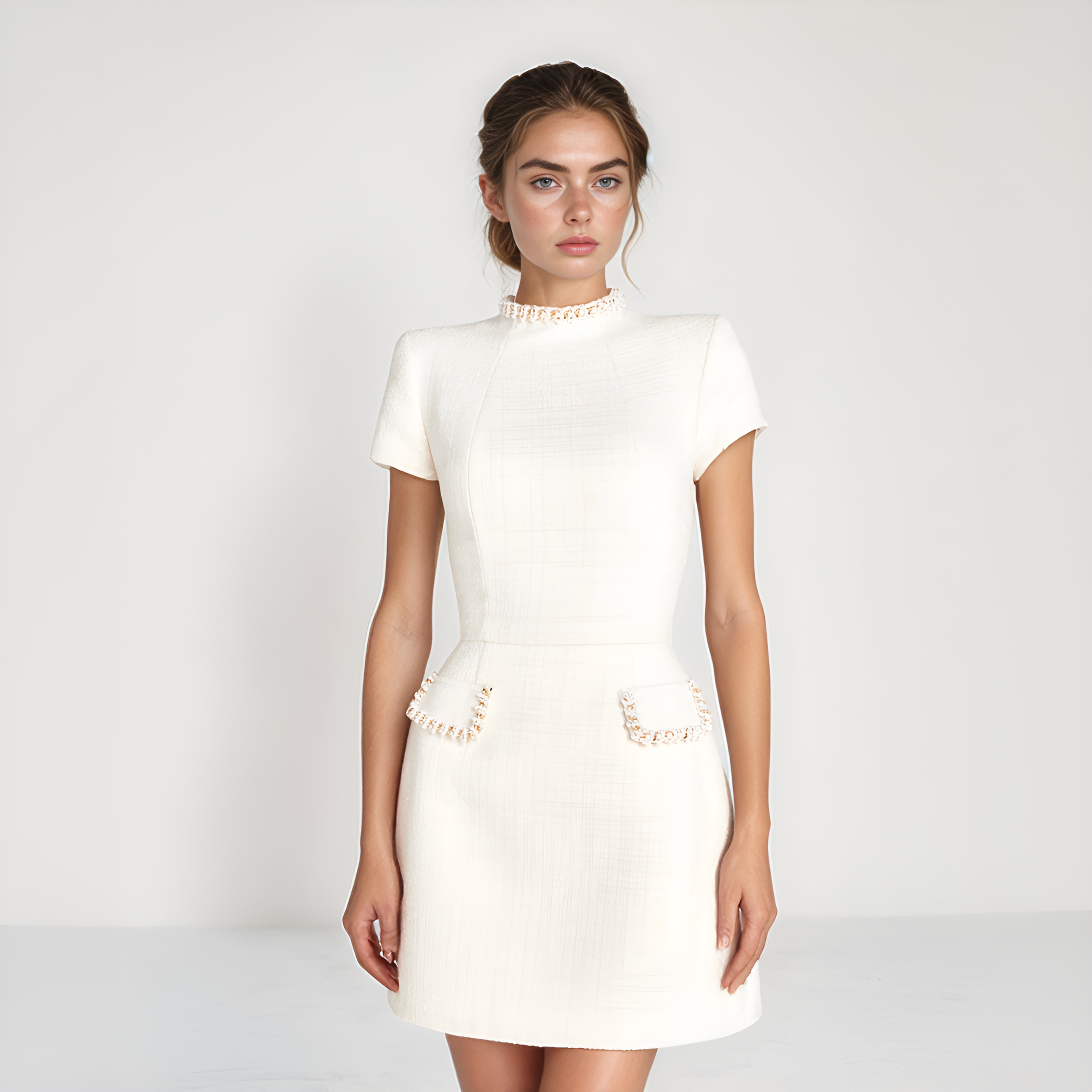 Elegant Short Sleeve Mini Dress with Embellished Pockets
