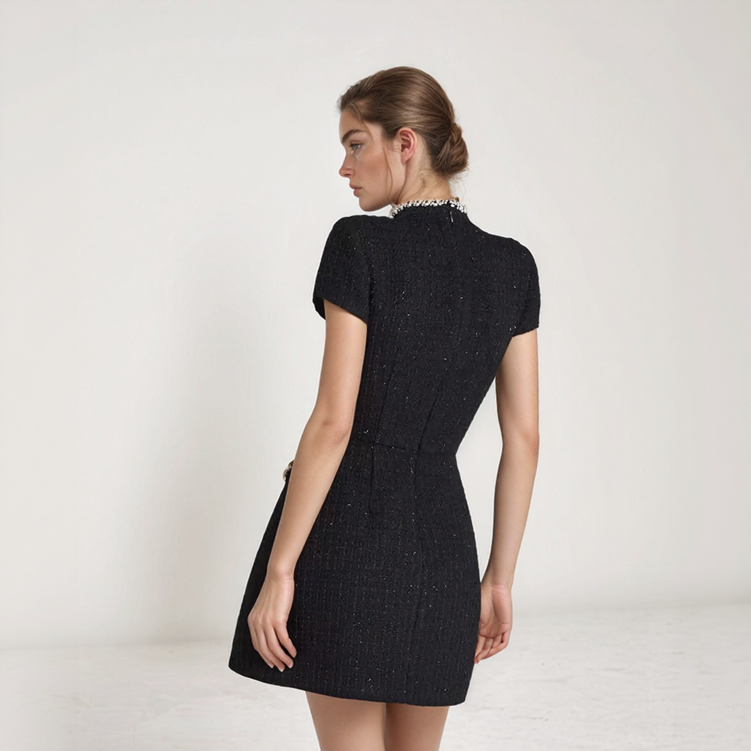 Elegant Short Sleeve Mini Dress with Embellished Pockets