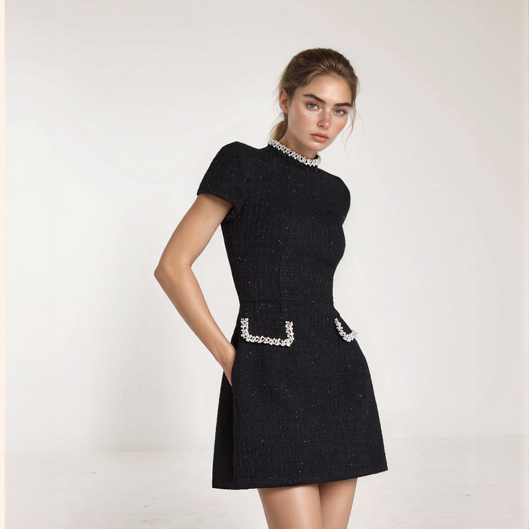 Elegant Short Sleeve Mini Dress with Embellished Pockets