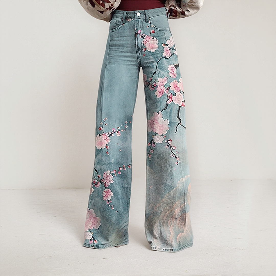 Vintage Blossom Print Wide Leg Jeans