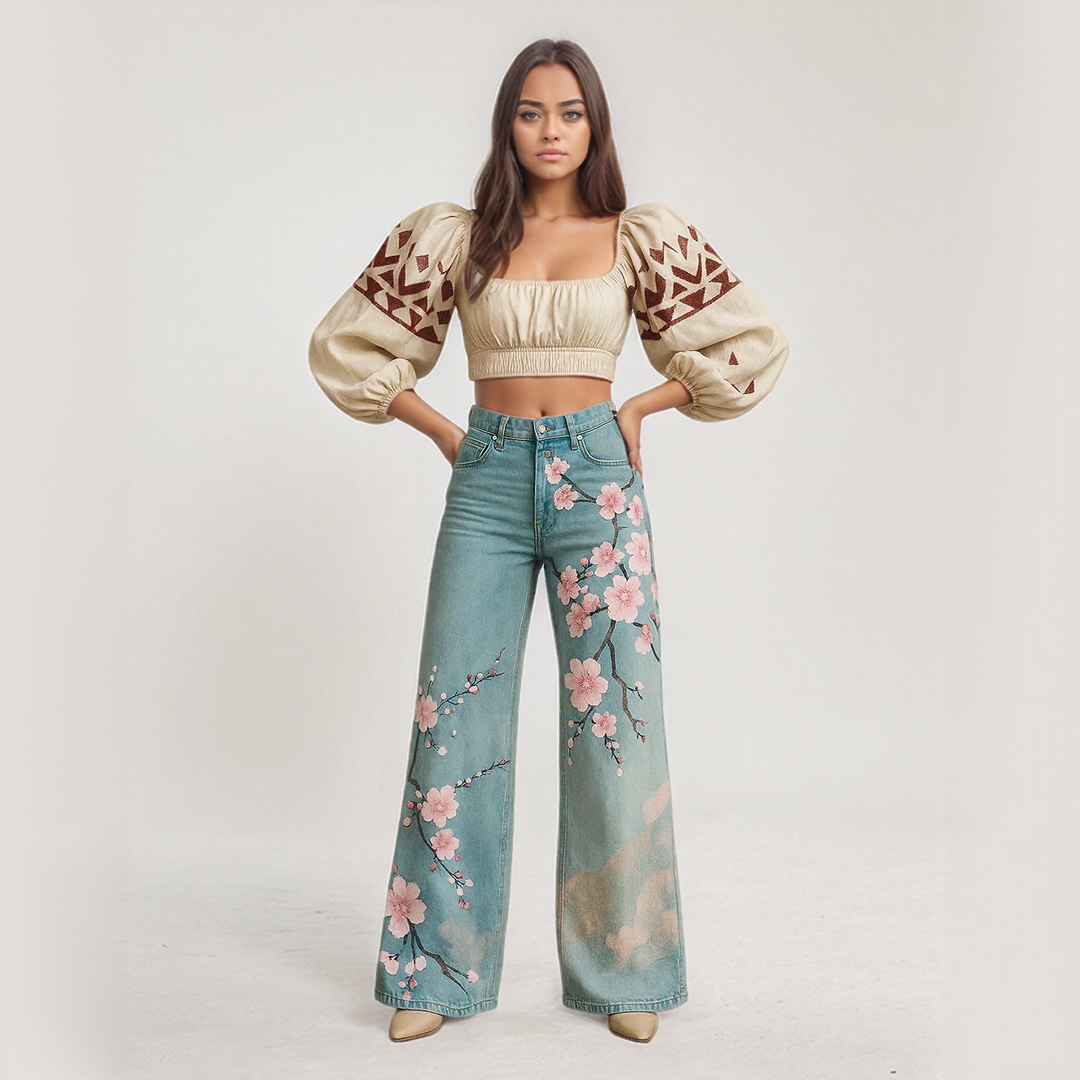 Vintage Blossom Print Wide Leg Jeans