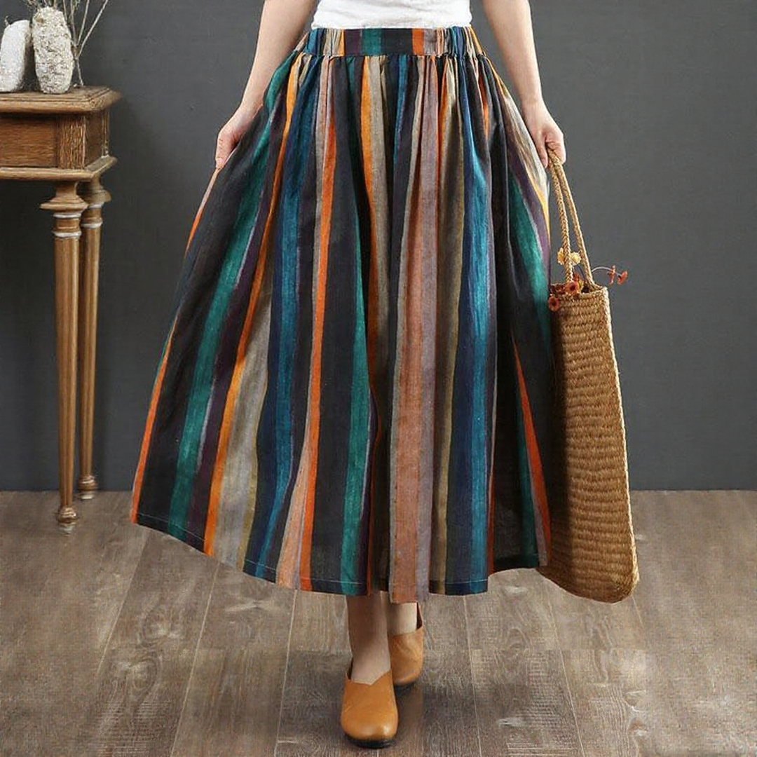 Striped A-Line Retro Print Linen Skirt