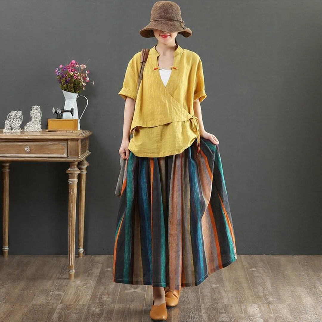 Striped A-Line Retro Print Linen Skirt