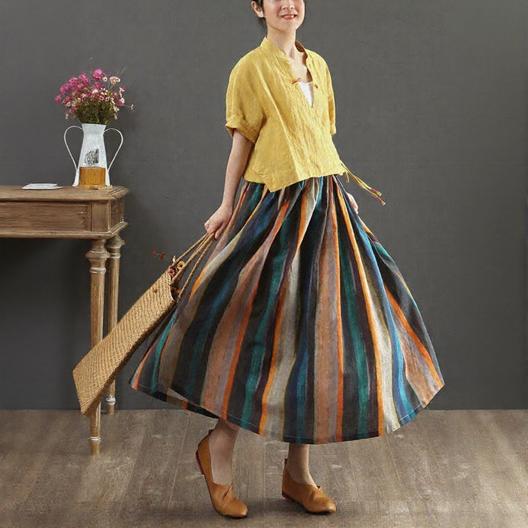 Striped A-Line Retro Print Linen Skirt