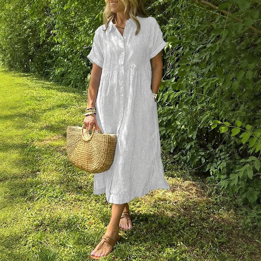 Casual Striped Midi Dress with Pockets