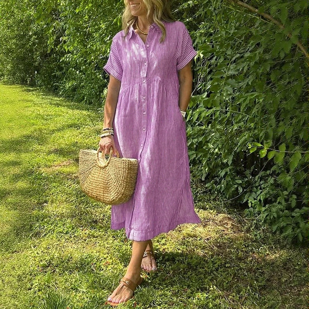 Casual Striped Midi Dress with Pockets